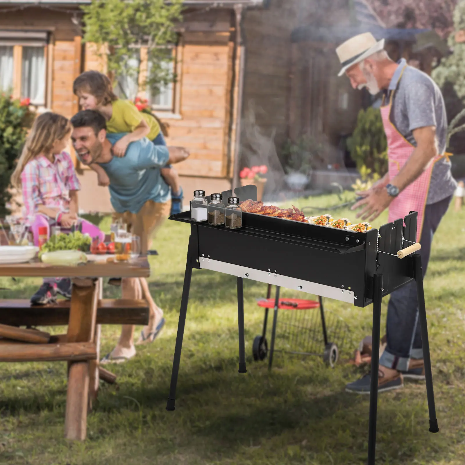 

Черный складной угольный гриль для барбекю для кемпинга/пикников/вечеринок — подходит для детей 3-8 человек, отдельно стоящий тип установки