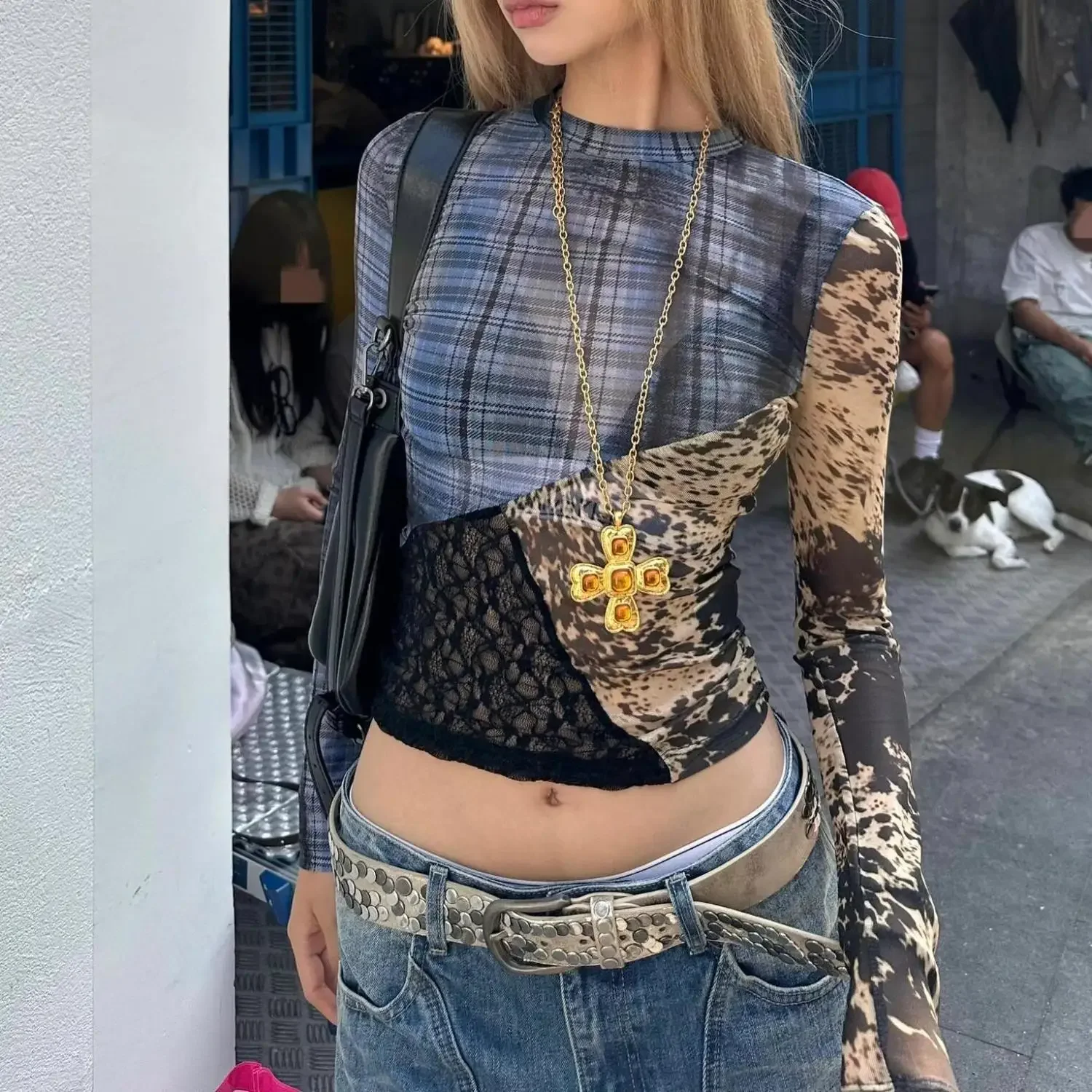 

Корейский стиль 2025, ретро клетчатая строчка, сетчатый топ с принтом, тонкий осенний новый топ с длинными рукавами, женский эстетический топ