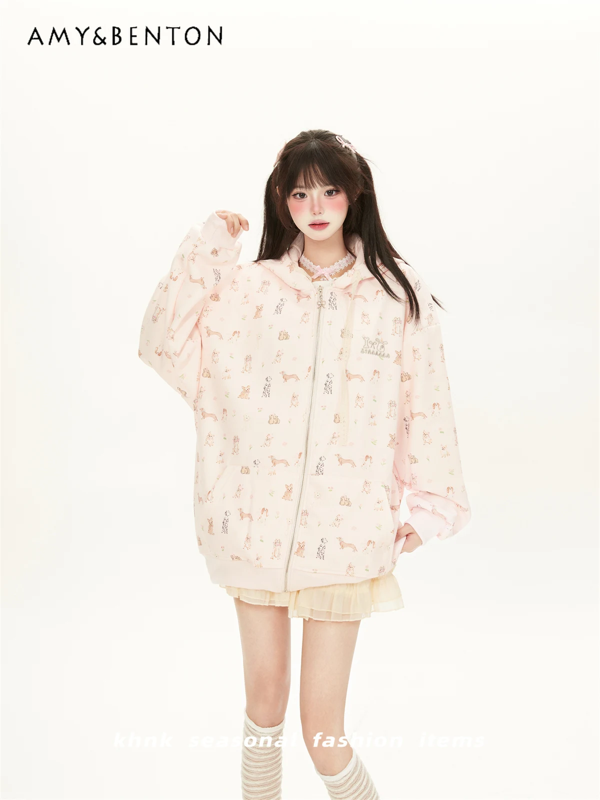 

2025 Spring and Autumn New Women's Sweet Cute Dog Print Stand Ear Yellow Hooded Sweatshirt Casual Loose Pink Jacket