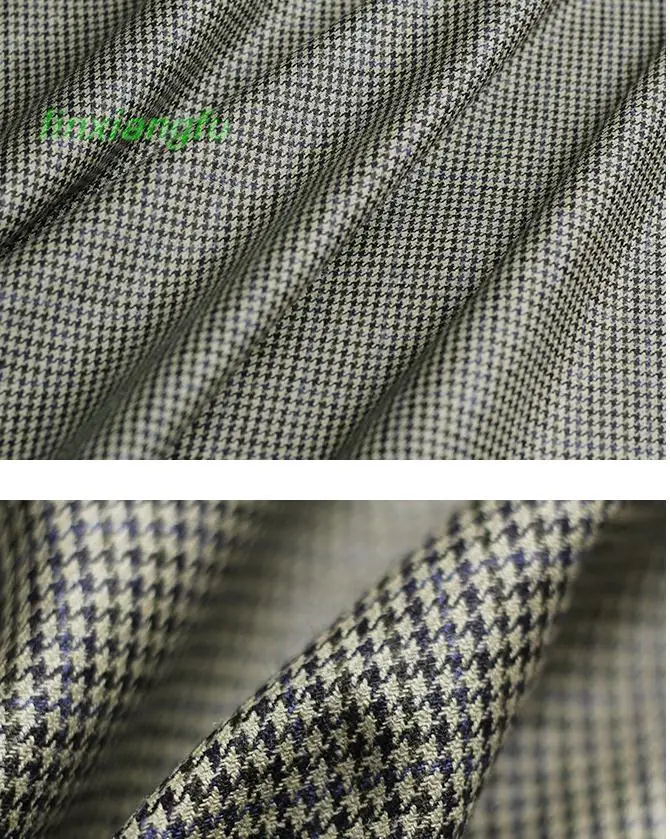 52 meter heavy weight tussah silk fabric,grey black blue line thousand bird grid worsted fabric, women's autumn clothing fabric.