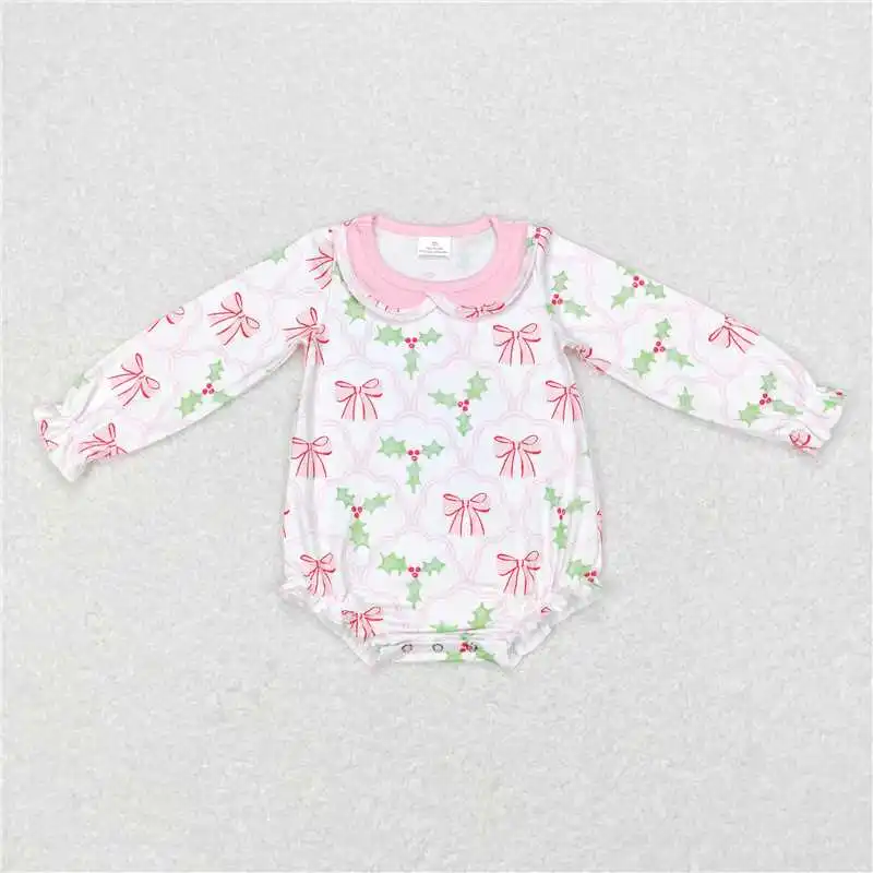 Wholesale hot sale western boutique newborn toddler Baby Girls Christmas tree bow pattern pink lace long-sleeved onesies