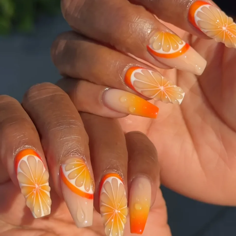 Uñas Postizas 3D Limón Azul Blanco Rayas Francesas Veraniegas Chic Cortas Redondas Desmontables Terminadas 5
