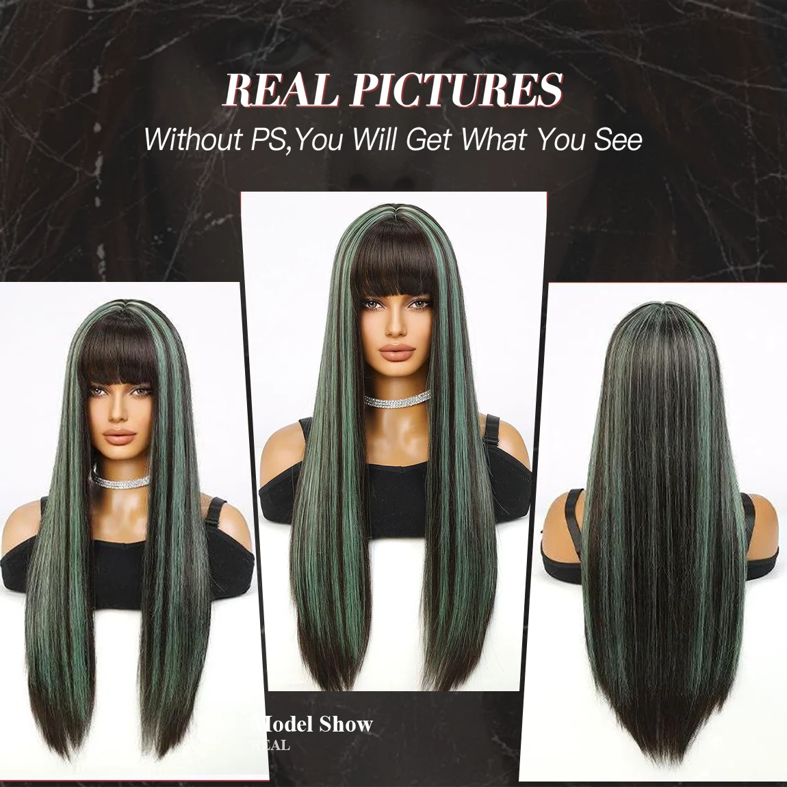 Black Highlight Green Synthetic Wigs Multicolor Long Straight Green Wig with Bangs For Women Natural Cosplay Party Christmas Wig