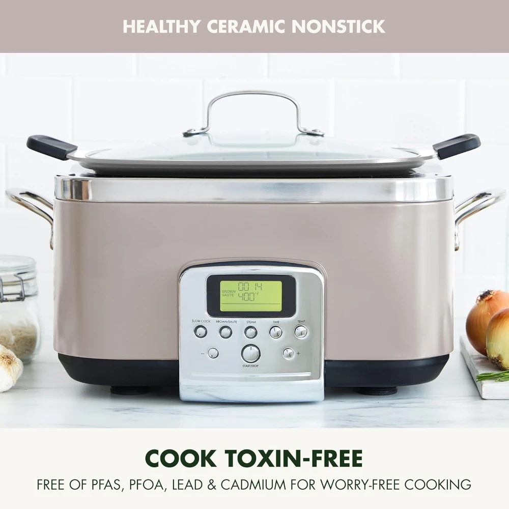 Programmable 6QT Electric Slow Cooker, Dishwasher Safe Lid & Removable Crock, Steam Basket, Roast, Clay