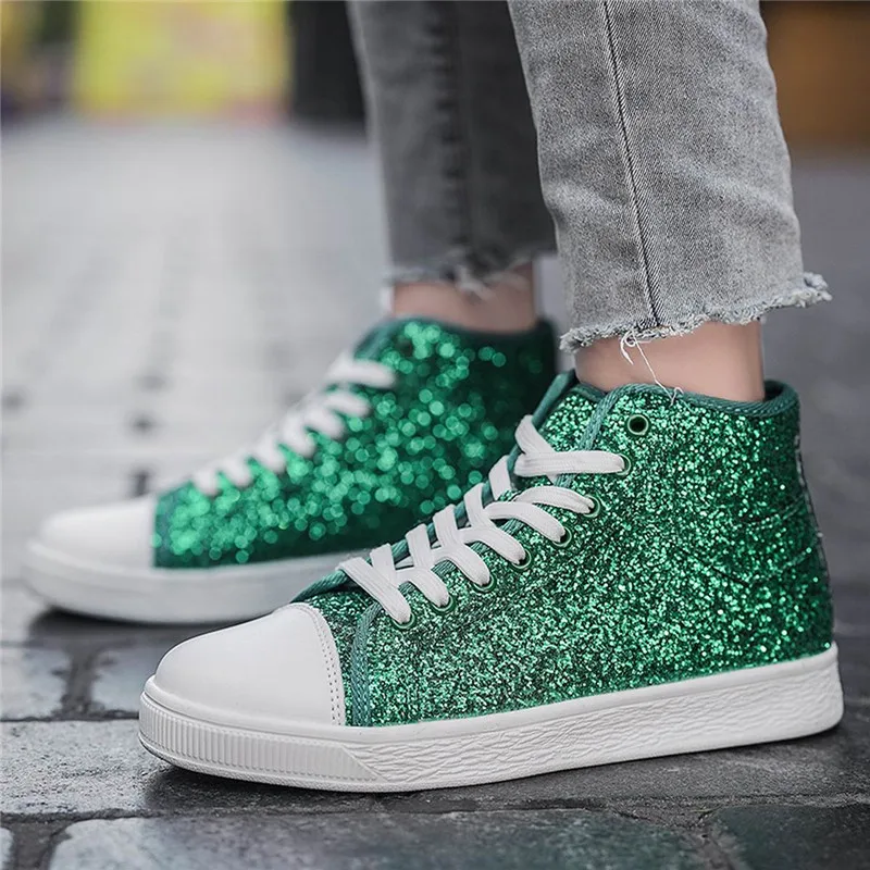 Modne zielone damskie cekinowe buty wygodne platformy codzienne trampki damskie wysokie błyszczące buty sznurowane deskorolki dla kobiet