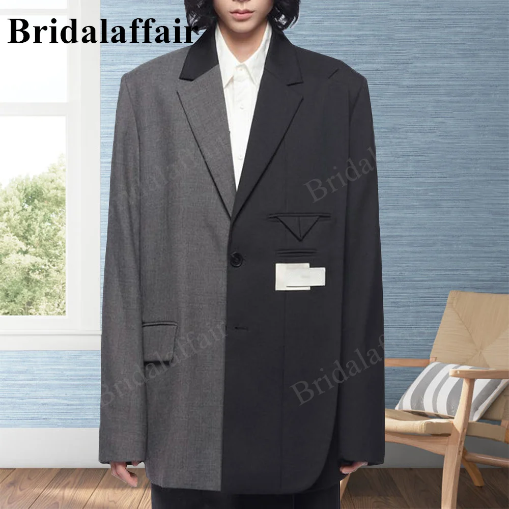 

Bridalaffair Black And Grey Stitching Plus Size 5xl-Xs Mens Single Breasted Blazer Classic New Solid Slim Fit Suit Jacket Formal