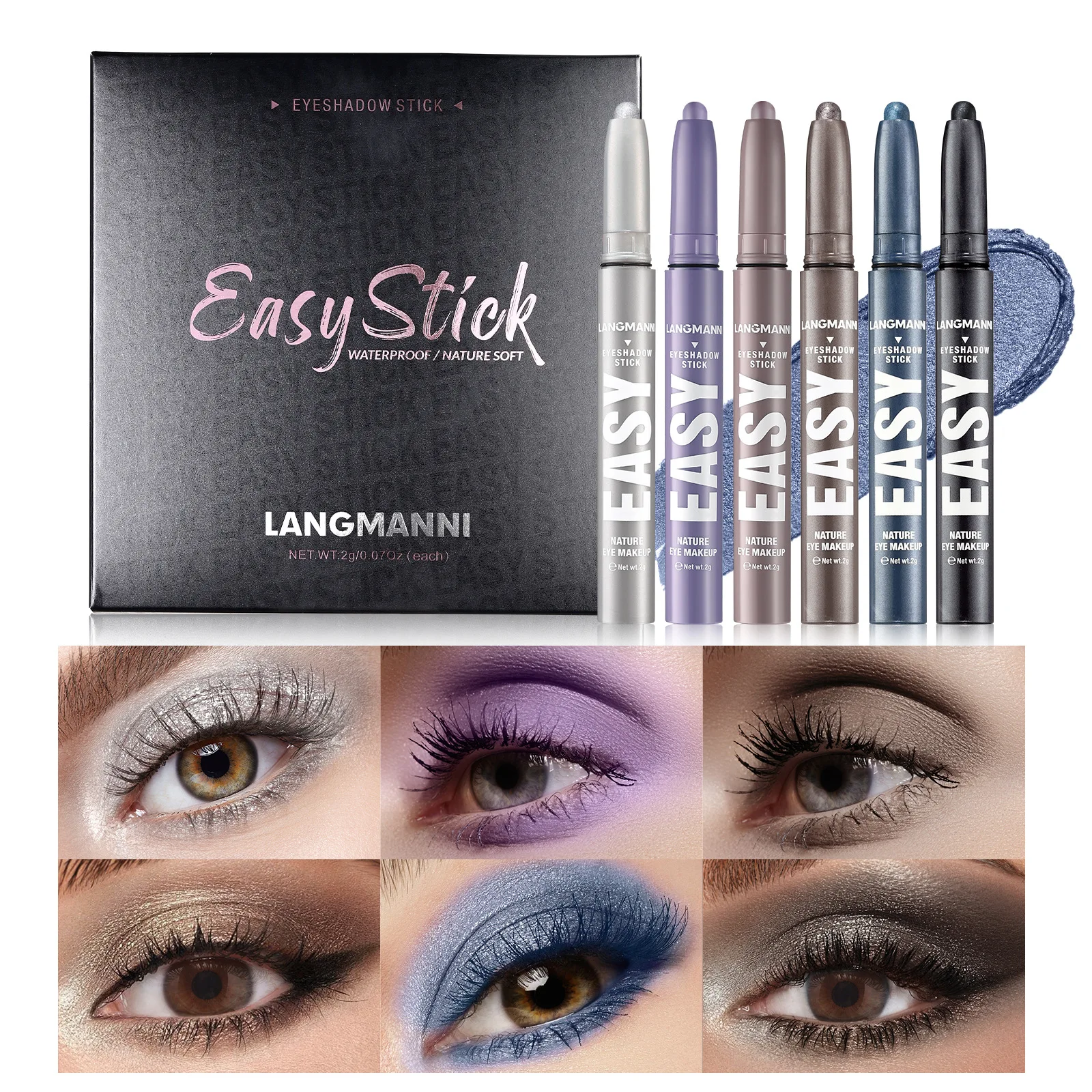 Neues 6-Farben-Lidschatten-Set aus Metall, glitzernd, wasserdicht, langlebig, 12 Stunden, modisches Lidschatten-Stick-Set, Party-Bühnenkosmetik, 2 g