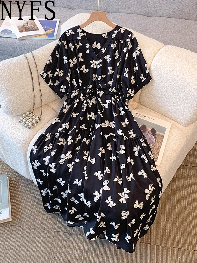 

NYFS 2025 Summer New Korean High waist drawstring Woman Dresses Vestidos Robe Elbise Loose Plus Size Short Sleeve Long Dress