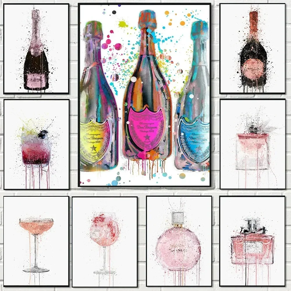 

Luxury Artwork Gin Bottle Pink Perfume Wine Cup Art Wall Abstract Graffiti Poster Canvas Painting Modern Room Home Decor