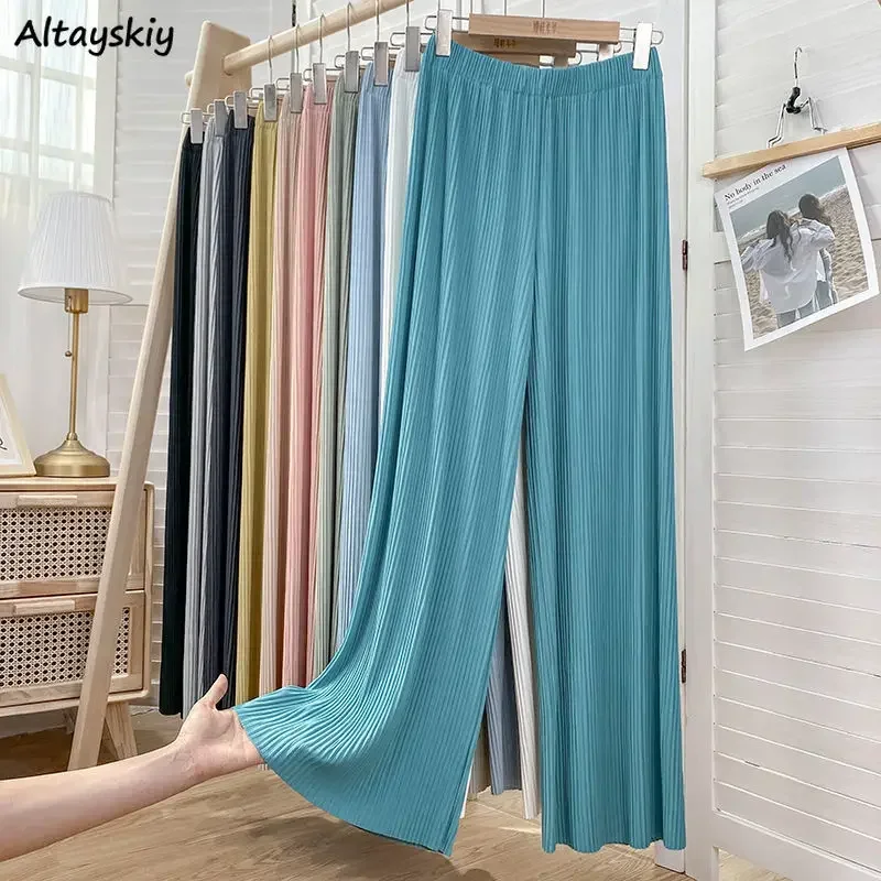 Rahat Pantolon Kadın Pileli Katı Temel Ins 3XL Gevşek Elastik Bel Günlük Sokak Şıklığı Yaz Rahat Nazik Nefes Pantolon Şık