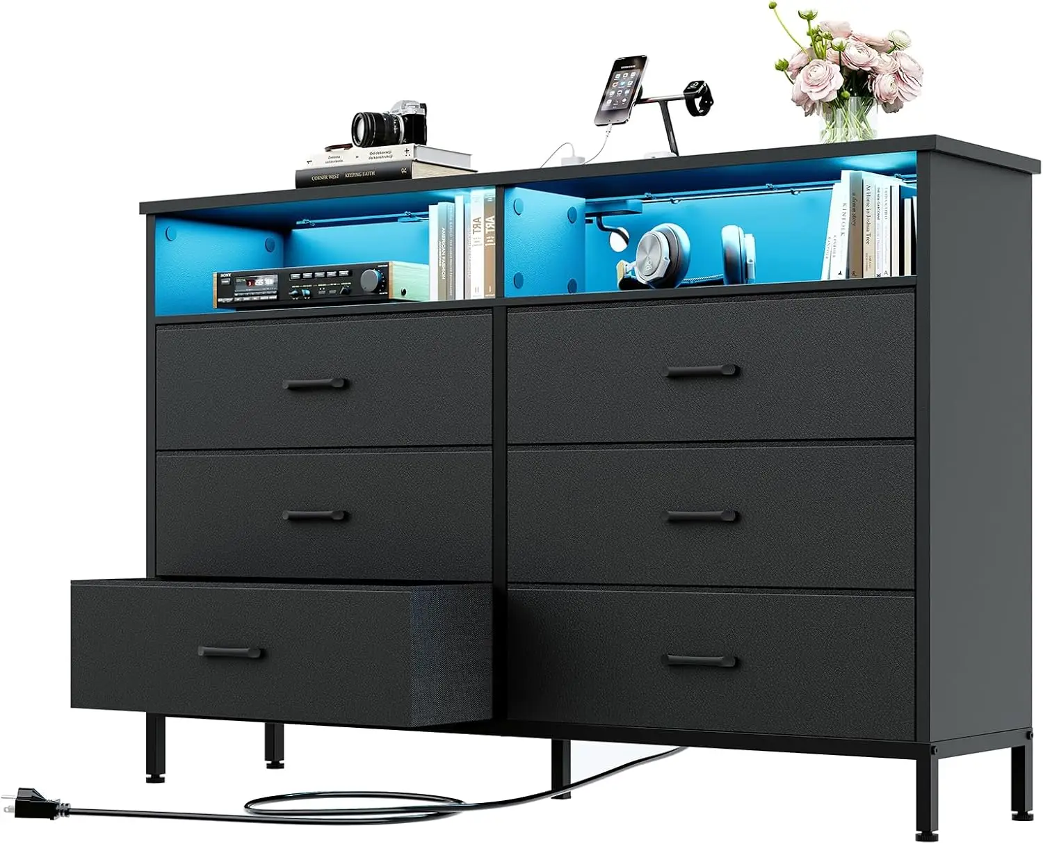 

Black Dresser for Bedroom, 6 Drawer Dresser, Fabric Vertical Storage Tower with Fabric Bins with Open Shelves LED Light