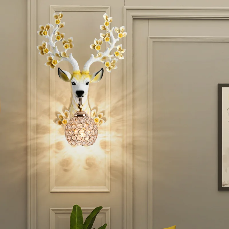 Living Room Wall Lamp Modern Resin Wall Light Sika Deer Creative Bedroom Bedside Sconce Antlers Deer Head Personal Art Nodic