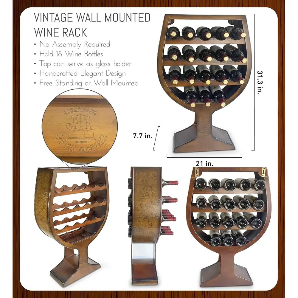 Wine Glass Shaped Wall Mounted Wine Rack - 18 Bottles Reusable Wooden Holder, Hanging Rack or Floor Stand, Rustic Storage Organi