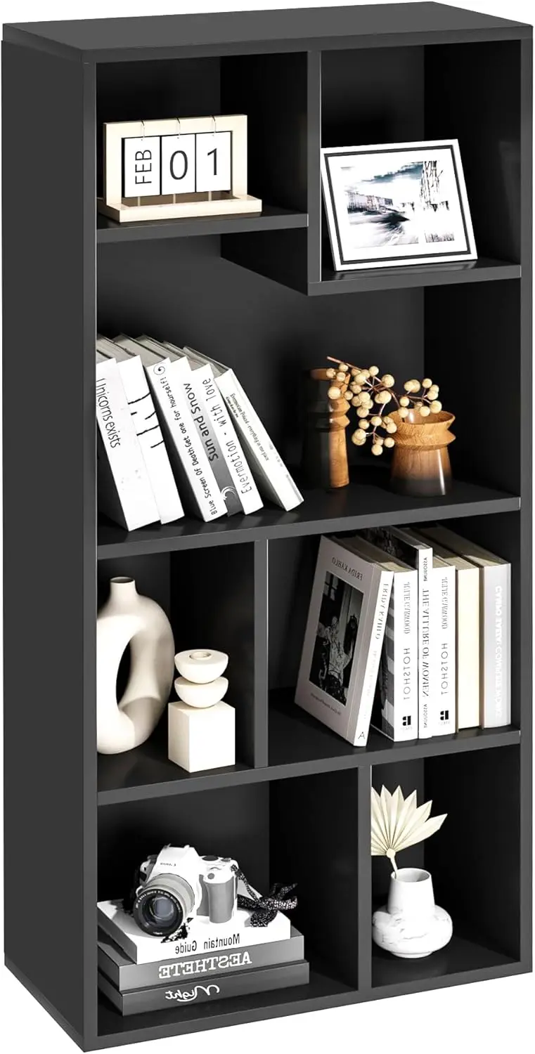 

42 Inch Tall Bookcase, 4-Tier Storage Cabinet with Height Difference Shelves, 7 Cubes, Horizontal/Vertical, Easy Assembly, Vintage Black