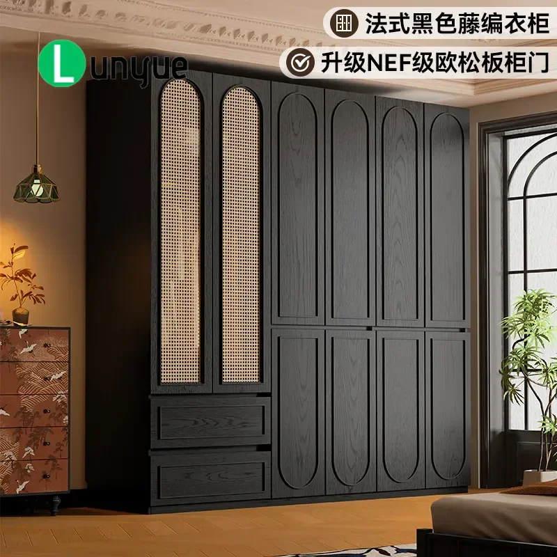 Black French Rattan Wardrobe Large Capacity Full Hanging Solid Wood Vertical Cabinet for Medieval American Style Bedroom