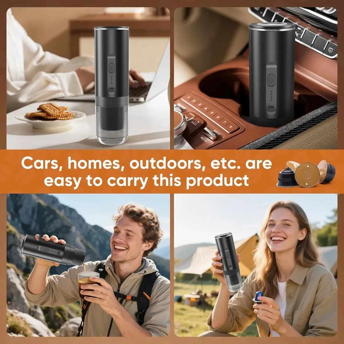 Portable Espresso Machine Wireless Electric Coffee Maker, Self-Heating 20 Bar for Camping RV Office, Compatible with Capsule