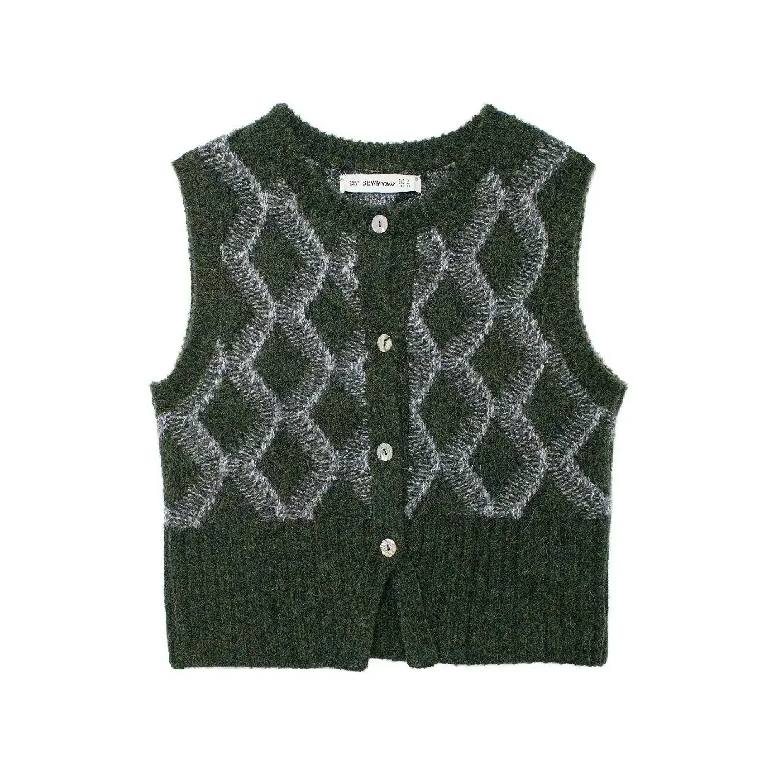 TRAFZA Female Sweater Vest Dark Green O-Neck Sleeveless Geometric Pattern Single Breasted Autumn Knitted Tops Woman Trendy