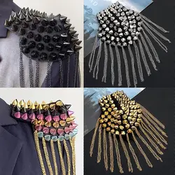 New Fashion 1 Pair Chain Tassel Rivet Shoulder Pad Brooch Punk Tassel Metal Epaulet For Women Men