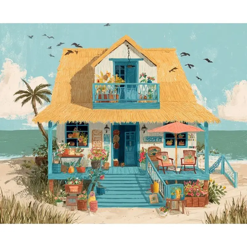 PhotoCustom Landschaft Malen nach Zahlen Meer Haus Malen Kunst Geschenk DIY Bilder nach Zahlen Kits Home Decor Handarbeit