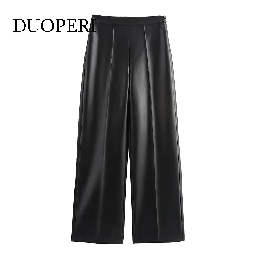 DUOPERI Women's Pants Fashion PU Black Straight Pant High Waist Full Length Side Zipper Casual Female Chic Lady Trousers