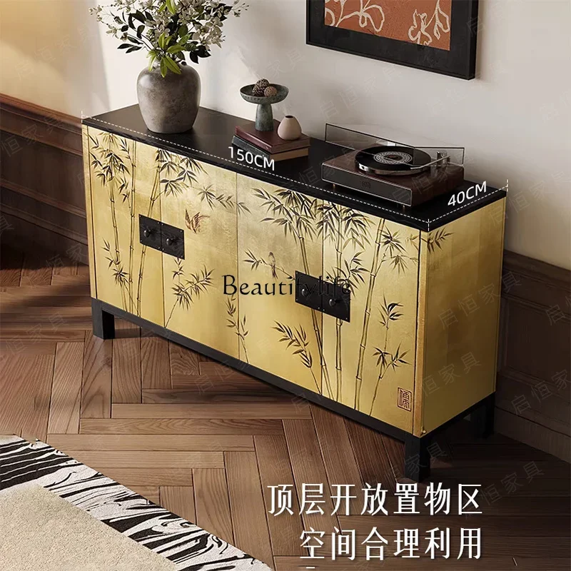 

yj32 Solid wood French retro living room locker hand-painted gold foil storage side cabinet