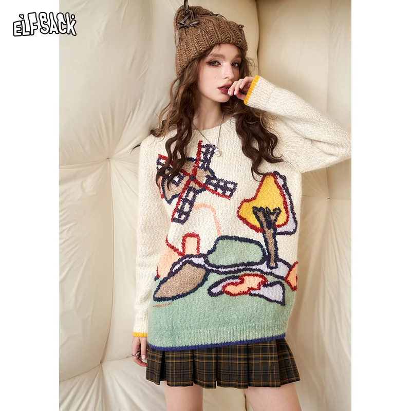 ELFSACK Kawaii Pullover Sweaters Women 2023 Winter New Designer Fashion Tops