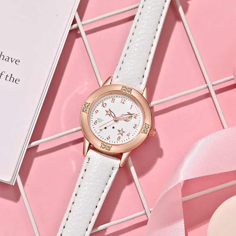 Relógio de pulso de couro para mulheres e meninas, relógio luminoso casual bonito estrela e lua, relógio feminino para senhoras, quartzo, novo