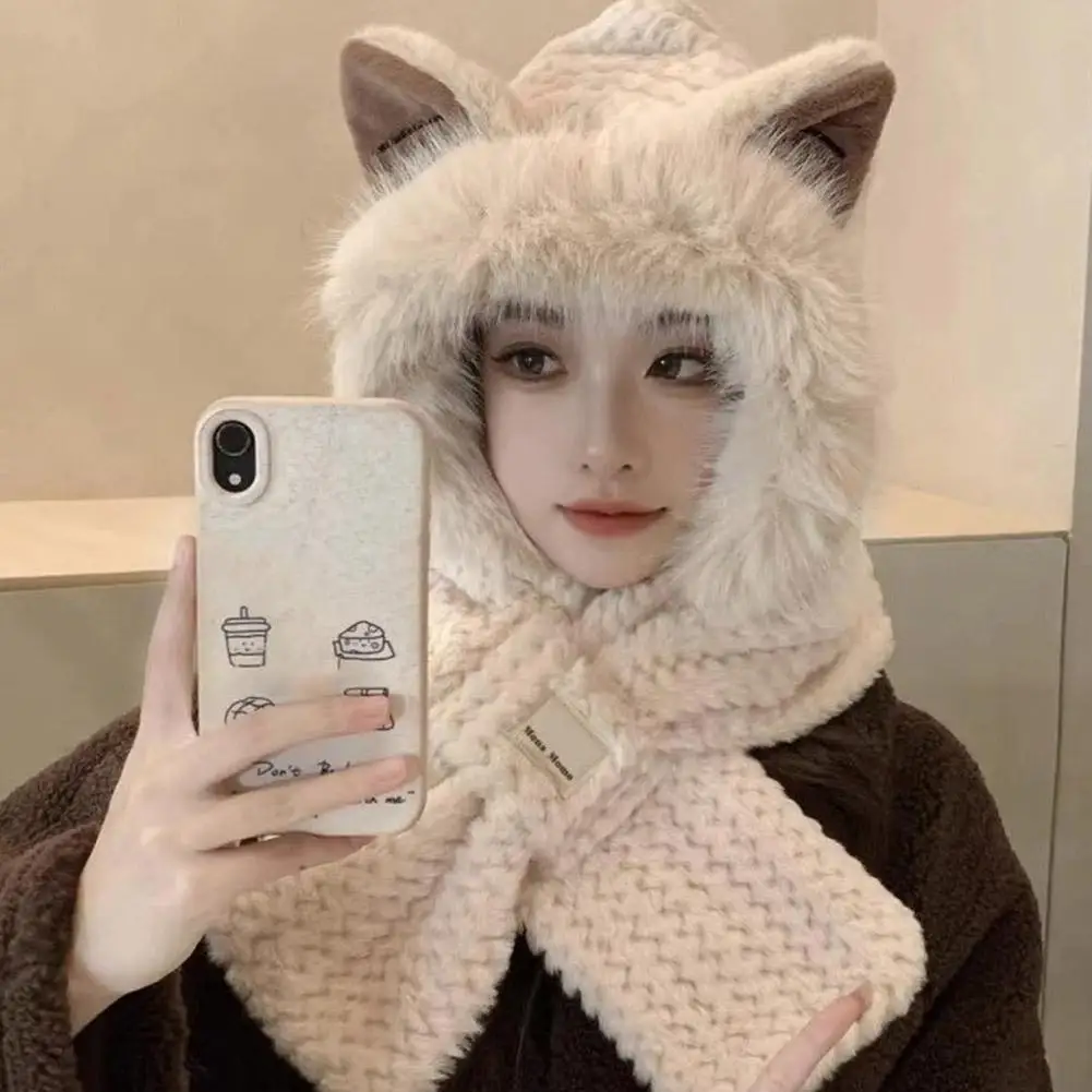 New Cute Bear Ear Hat Scarf Gloves Set Winter Women Beanies Caps Warm Casual Plush Hats Casual Solid Fleece Girl Kawaii Present