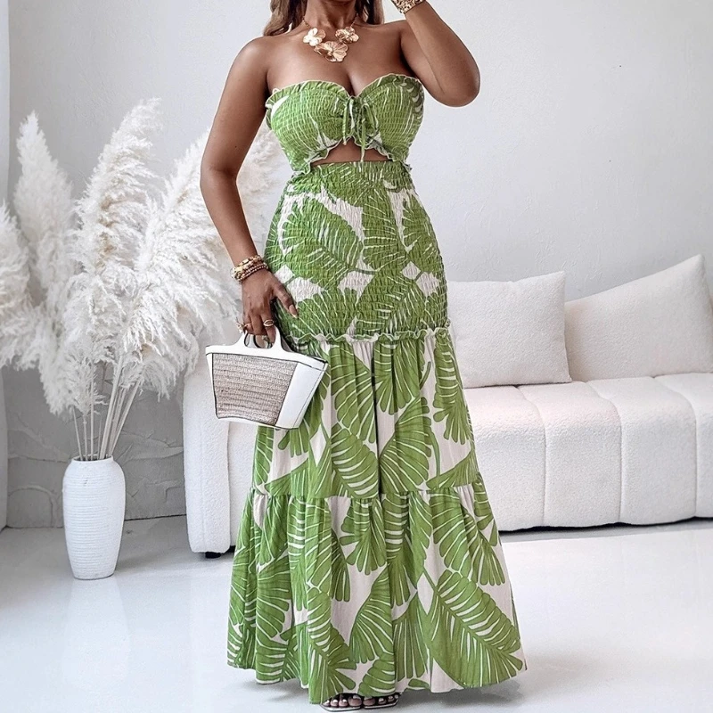 المرأة مثير النباتات الاستوائية طباعة الرباط مطوي فستان طويل الصيف عطلة عطلة وتتسابق فتاة قطع الكشكشة فساتين الشاطئ #6