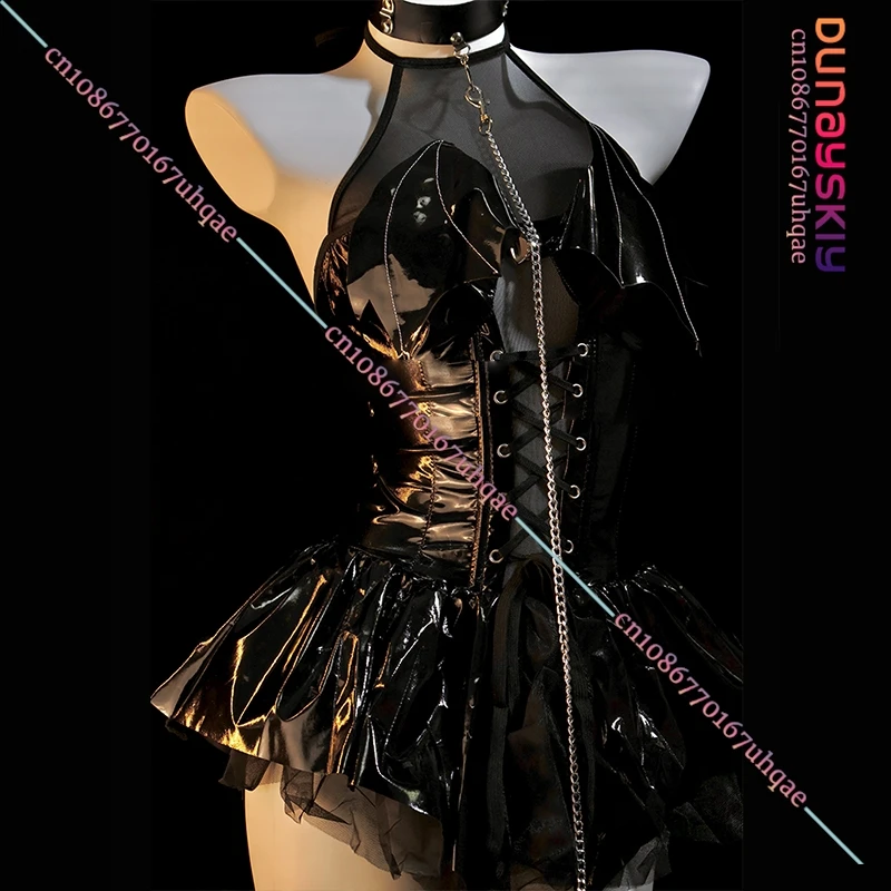 Oryginalna japońska seksowna sukienka małego diabła impreza festiwalowa pasek ze skóry lakierowanej czarny top spódnica garnitur 2025 Halloween seksowny mundur
