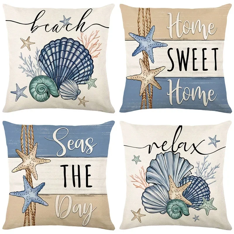 1PC Printed Pillowcase Ocean Scallop Sofa Cushion Cover Summer Letter Starfish Pillowcase Living Room Bedroom Pillow Case