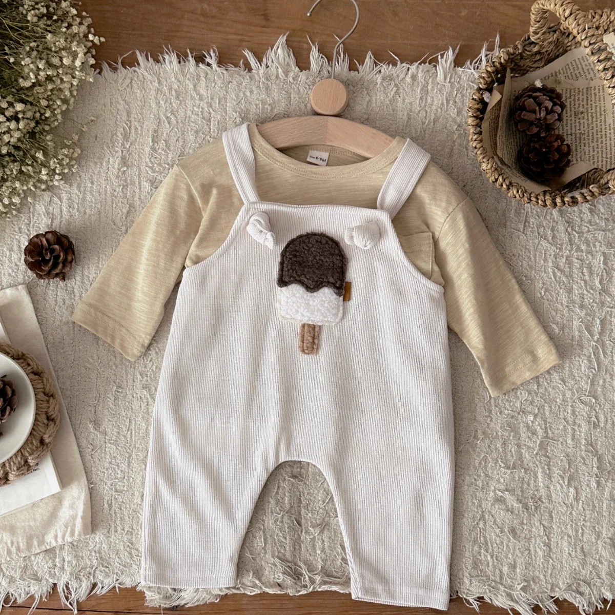 Korean Ins Style Baby Overalls Toddler 3D Ice Cream Embroidery Pants Boys Girls Waffle Knit Spring Autumn Clothes