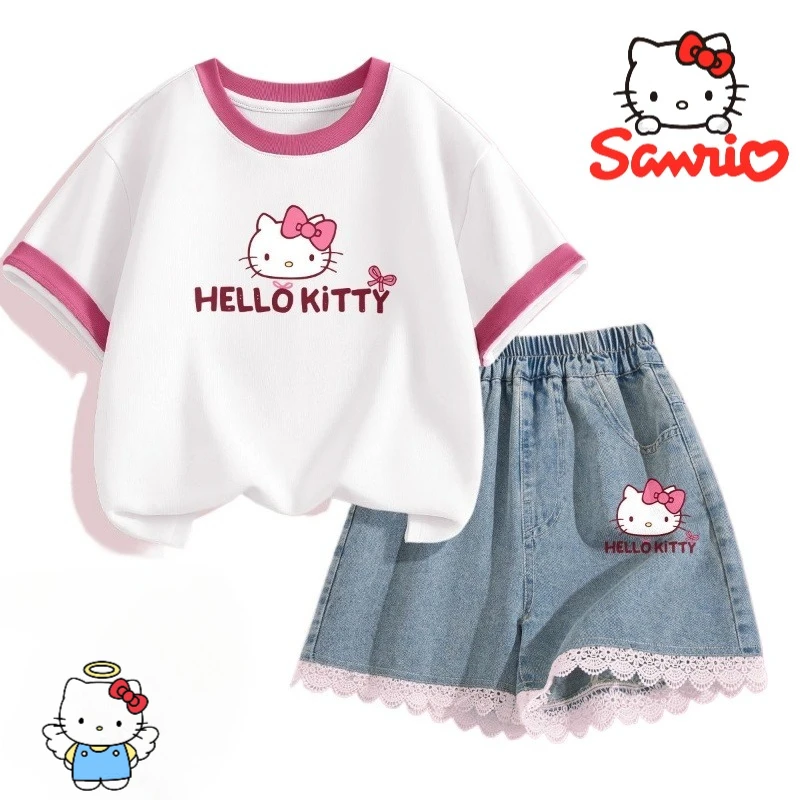 

Sanrio Hello Kitty cartoon cute children's short sleeved shorts creative Kawaii girls summer sweet T-shirt set gift wholesale