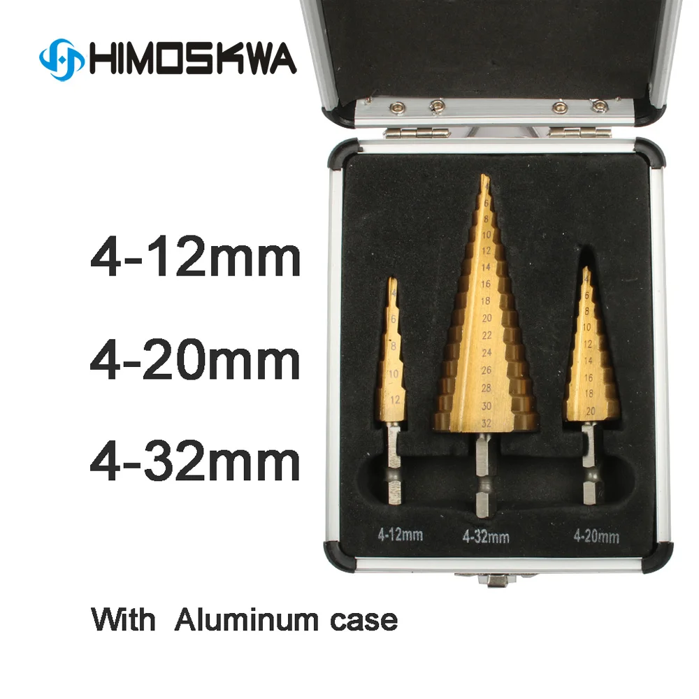 

Hex Titanium Step Cone Drill Bit Hole Cutter 3-12 4-12 4-20 4-32mm HSS 4241 For Sheet Metal Steel Wood Metal with case