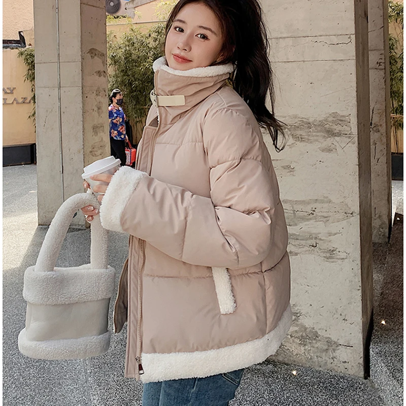 Gidyq Korean Women Lamb Wool Jacket Winter Casual Streetwear Loose Thick Warm Parkas Casual Female Patchwork All Match Overcoat