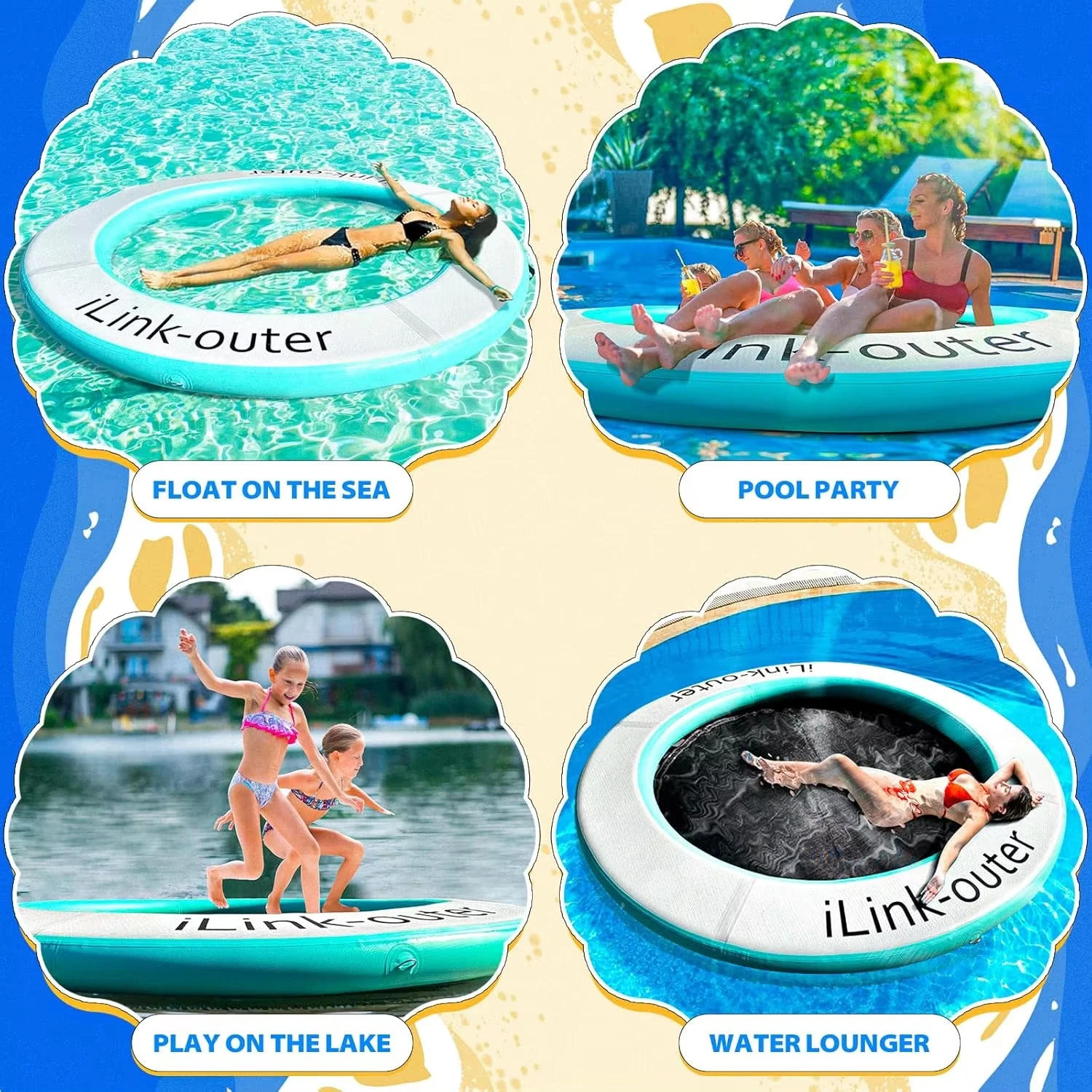 Rede inflável de água com anel flutuante redondo durável. Balsa de rio/lago resistente, espreguiçadeira de piscina para adultos, flutuador de bronzeamento para festa