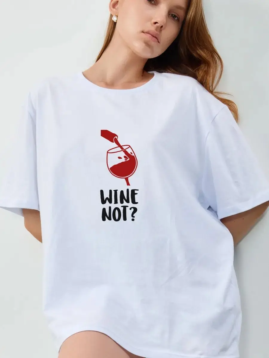 Women Funny Wine Lover Graphic Tee Cute Cotton T-Shirt Wine Not Pun Slogan Glass Pouring Bottle Printed Vacation Party Casual