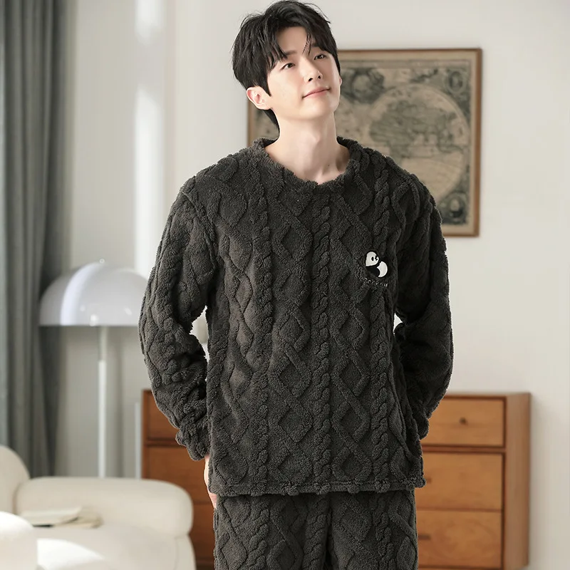 

Men's Sleepwear Coral Fleece Pullover Top + Pants Men's Pajamas Set To Keep Warm loungewear men