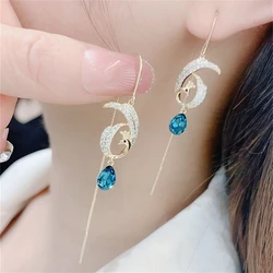 2024 Fashion Blue Rhinestone Long Tassel Dangle Earrings Pendant Phoenix Ear Line Crystal Circle Pendientes Earring Jewelry Gift