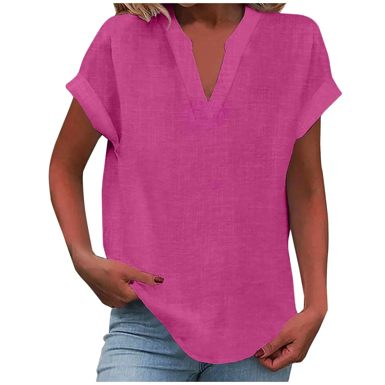 Casual Fashionable Simple Daily V-neck Cotton Linen Solid Color Women's Bat Sleeves Summer Multifunctional Short Sleeved Shirt
