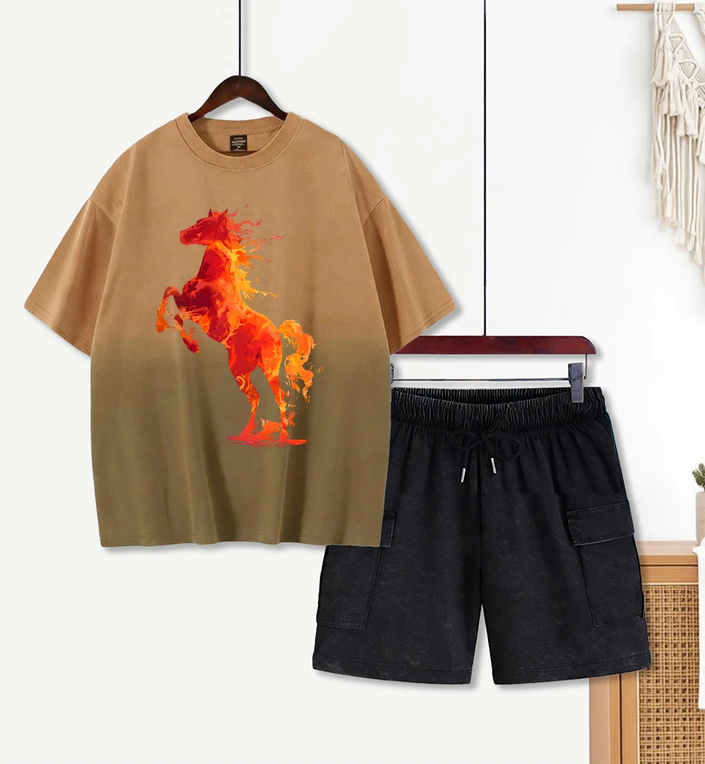 

Яркий комплект из шорт и футболки с принтом лошади для женщин, хлопковые летние футболки с круглым вырезом, оверсайз, с эффектом потертости, с карманами, короткие штаны