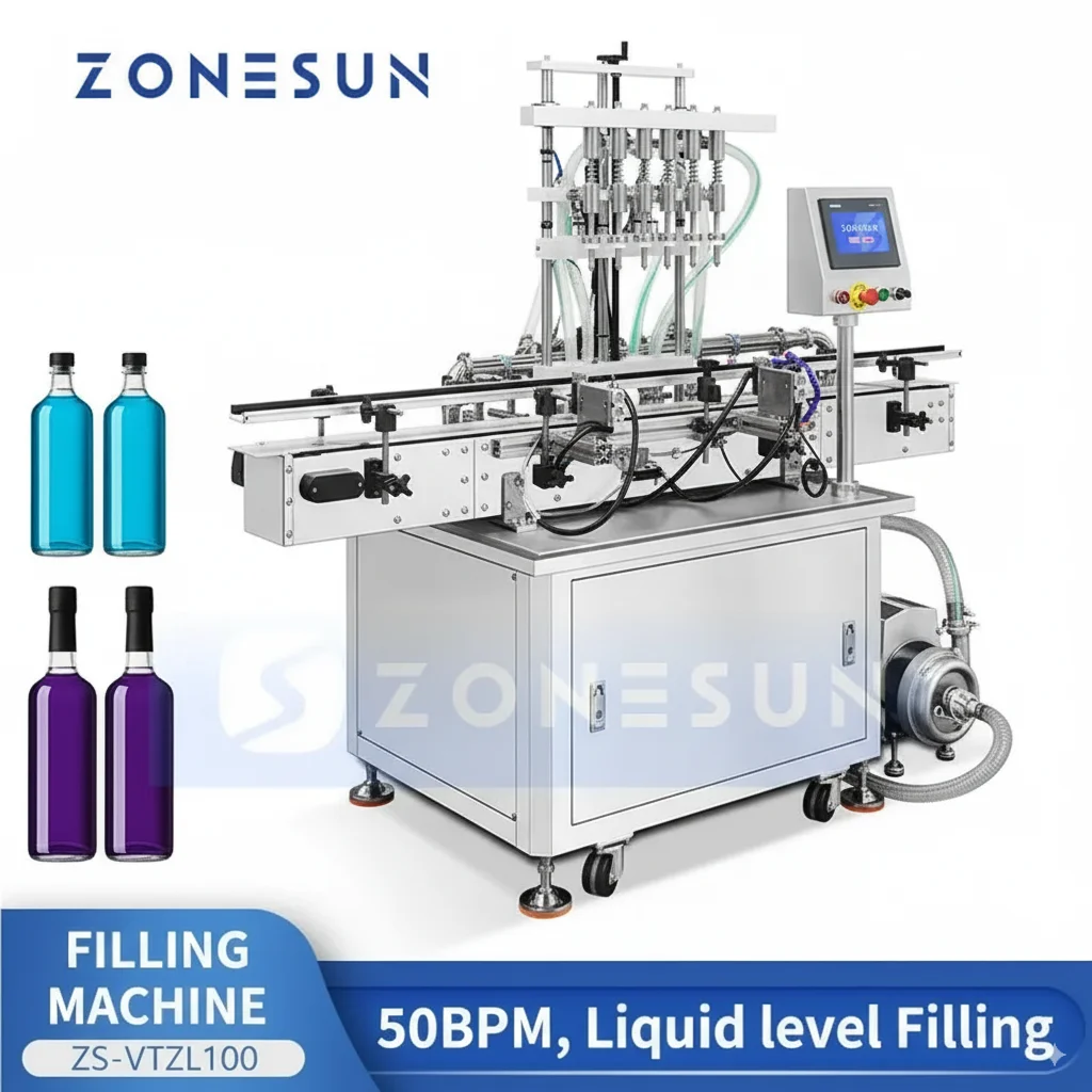 ZONESUN ZS-VTZL100 Equipamento automático de enchimento de líquidos com 6 bicos para produção de garrafas de vidro de bebidas alcoólicas