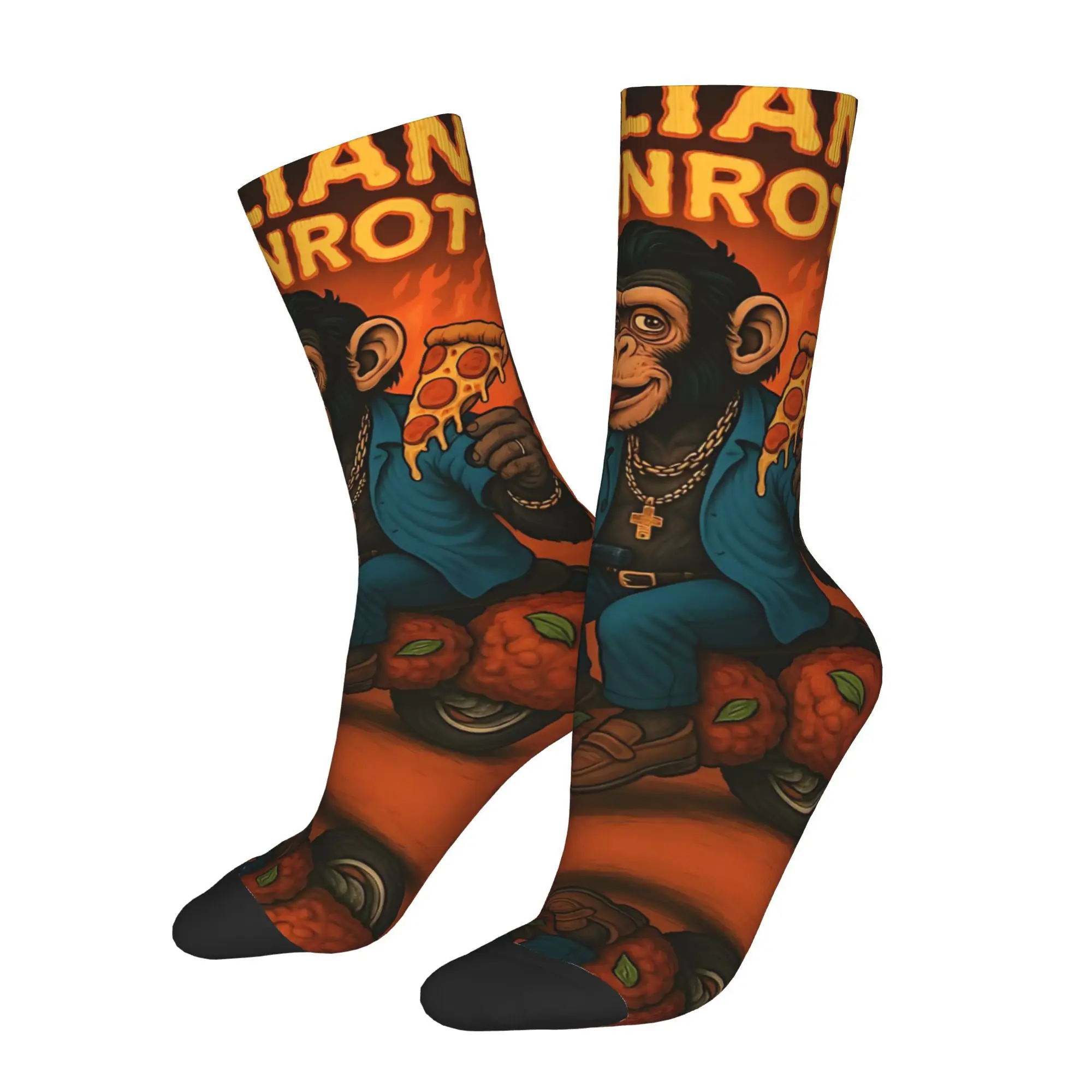 

Vintage Chaotic Chimp Mobster Pizza Ride Men's Socks Italian Brainrot Meme Unisex Novelty Happy Crew Sock Gift