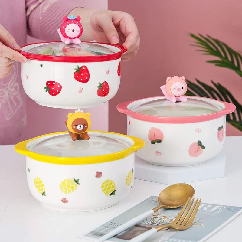 

Dormitory Pig Instant Noodle Bowl Ceramic with Cover Cute Ins Easy To Clean Binaural Student Fruit with Handle Bedroom Female