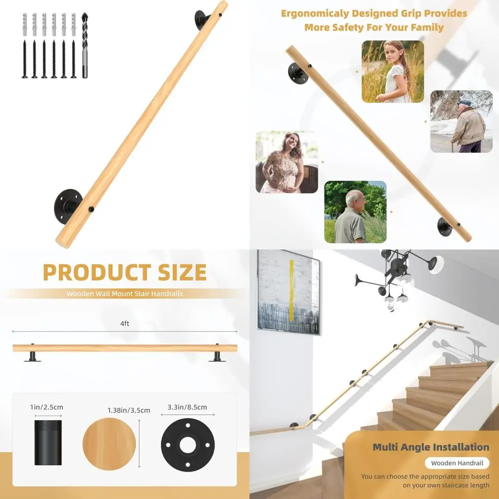درابزين درج غير قابل للانزلاق مثبت على الحائط في الأماكن المغلقة والخارجية، درابزين خشبي بطول 4 أقدام للخطوات، درابزين متين للدرج الداخلي