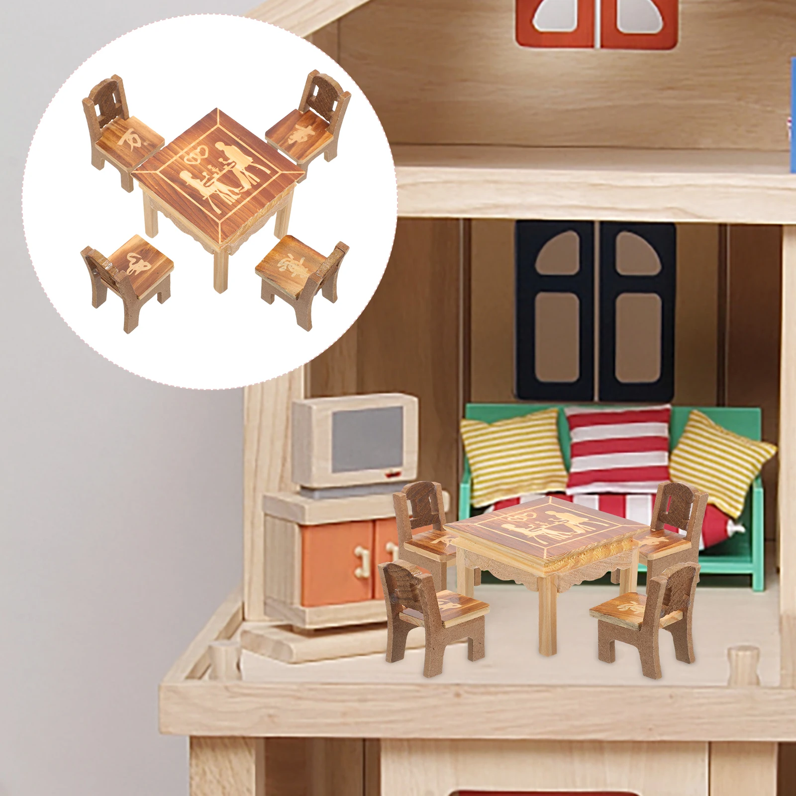 

Miniature Eight Table Chair Set Wooden Models Smooth Surface Playhouse Decor Mini Desk Chair Simulation Children