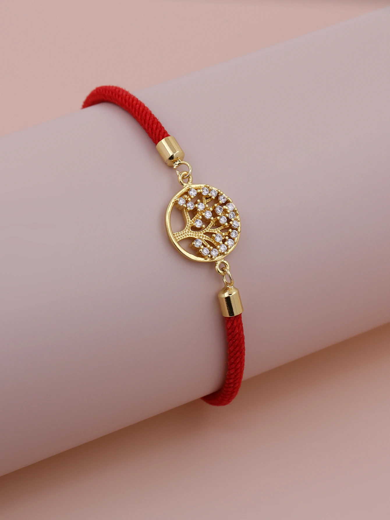 Pink Black Red Bracelet Sweet Cute White Zircon Plated Gold Copper Round Life Tree Adjustable Push Pull Bracelet Jewelry