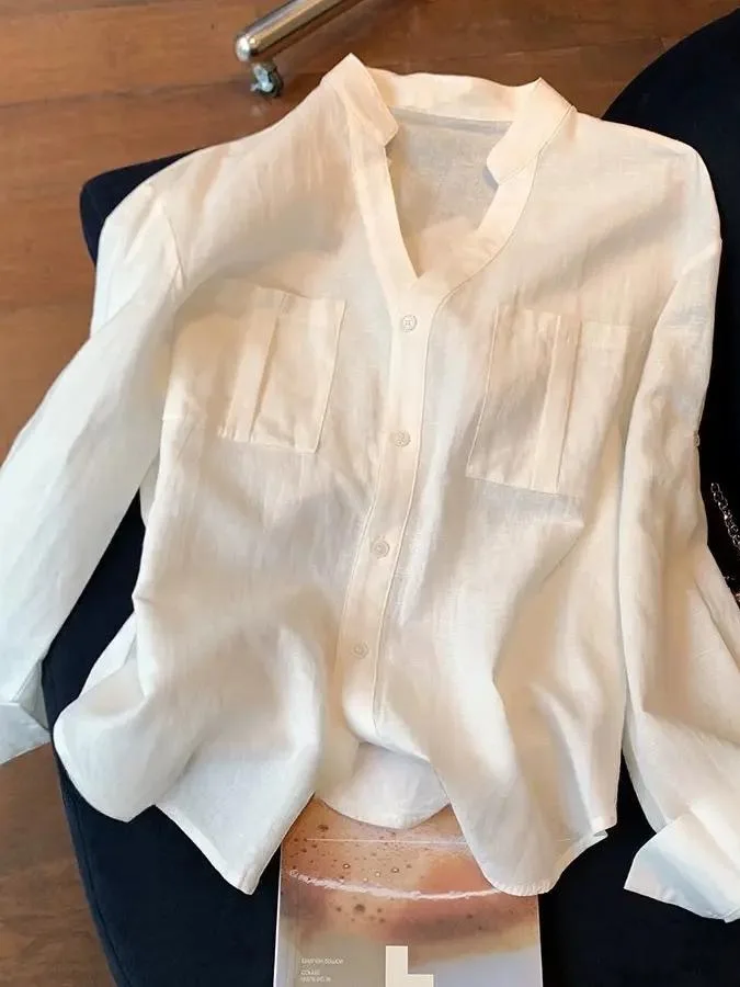 

White Linen Casual Shirt Women's Spring New Style Stand Collar Luxury Sensation Loose Fit Long Sleeve V-neck Breathable Skin-...