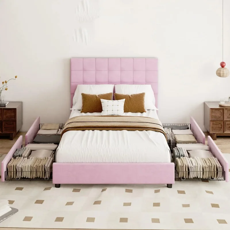 

Full Bed Frame Soft Padded Vertical Channel Headboard 4 Storage Drawers Elegant Modern Full Size Bed Frame for Bedroom Bed Frame