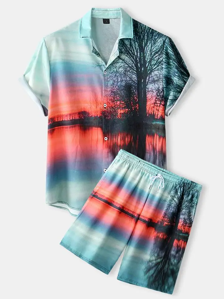 

Summer Palm Sunset 3D Print Men Shirt Sets Fashion Short Sleeve Shirt Oversized Beach Shorts Streetwear Hawaiian Suits Clothes